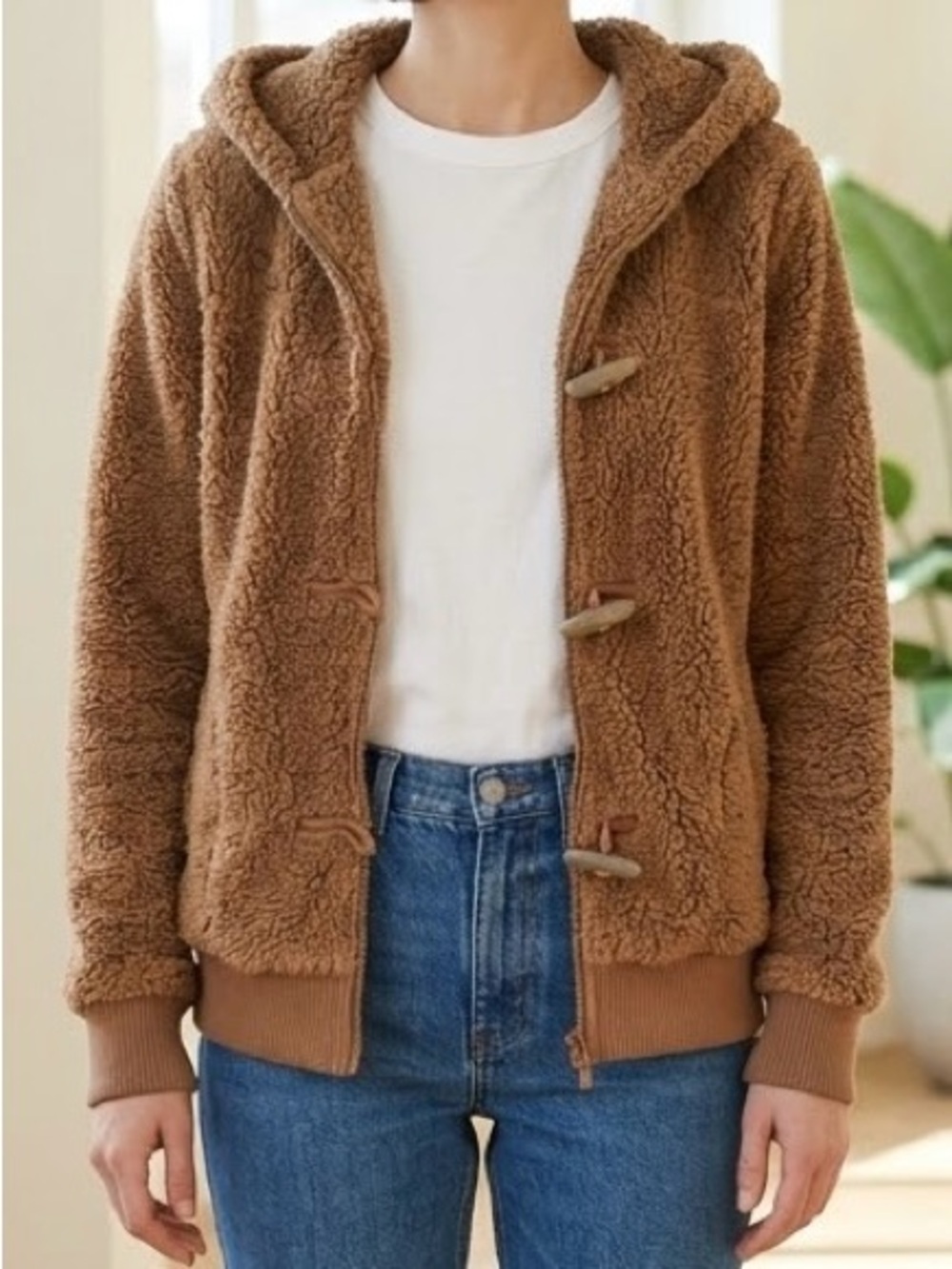 RuffHewn Brown Sherpa Teddy Fleece Hooded Duffle Coat Toggles Sz S Cozy Like New
